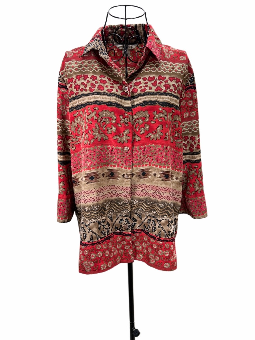 Allison Daley Red and Tan Patterned Button-Front Shirt